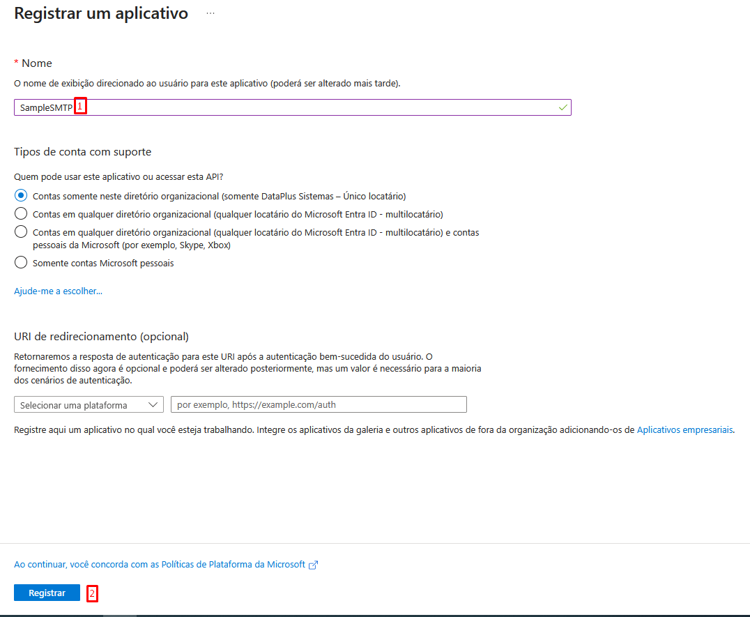 E-mail OAuth2 Registro de aplicativo