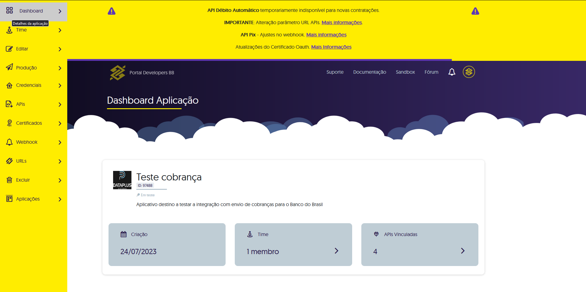 Barra de menus do aplicativo BB