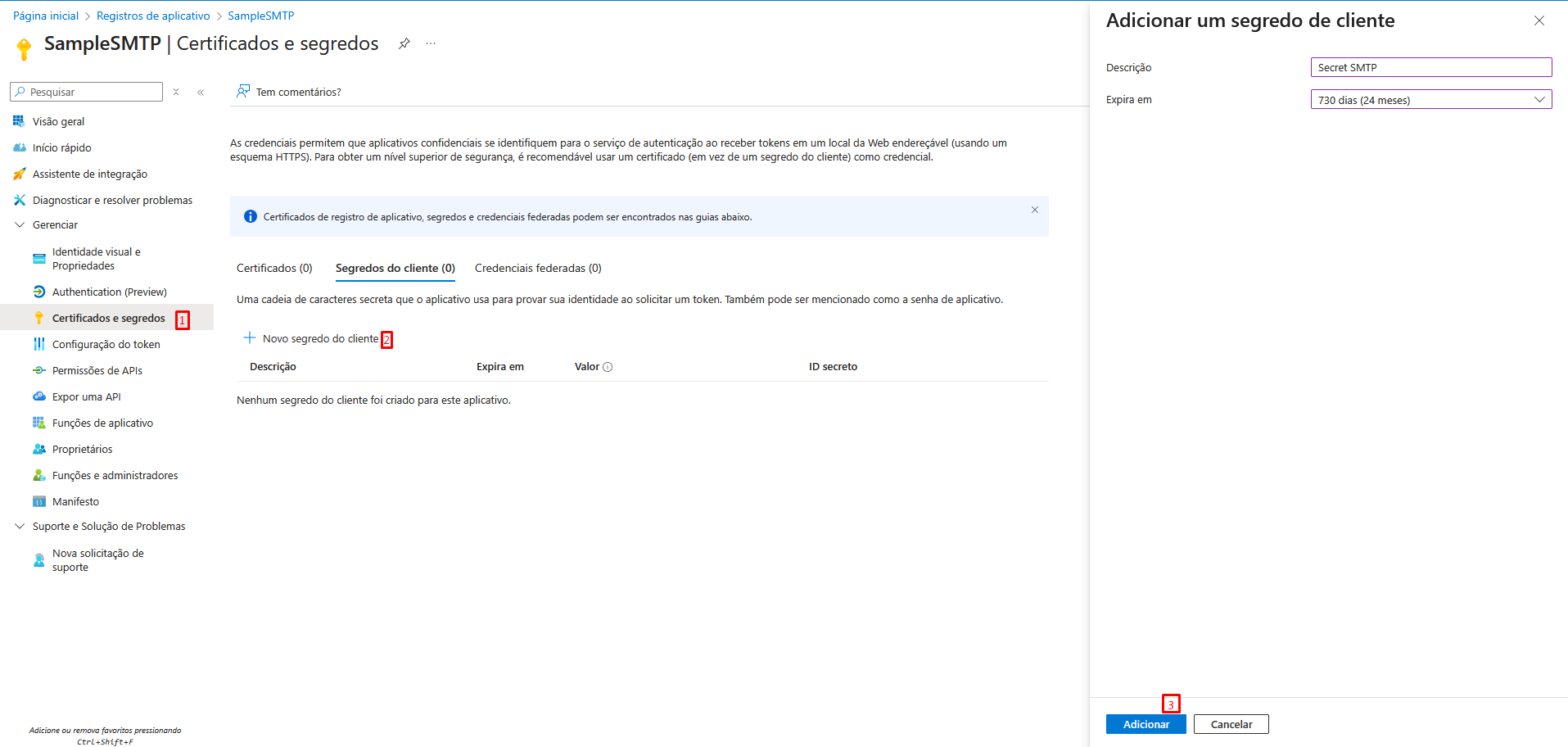 E-mail OAuth2 Criação do segredo