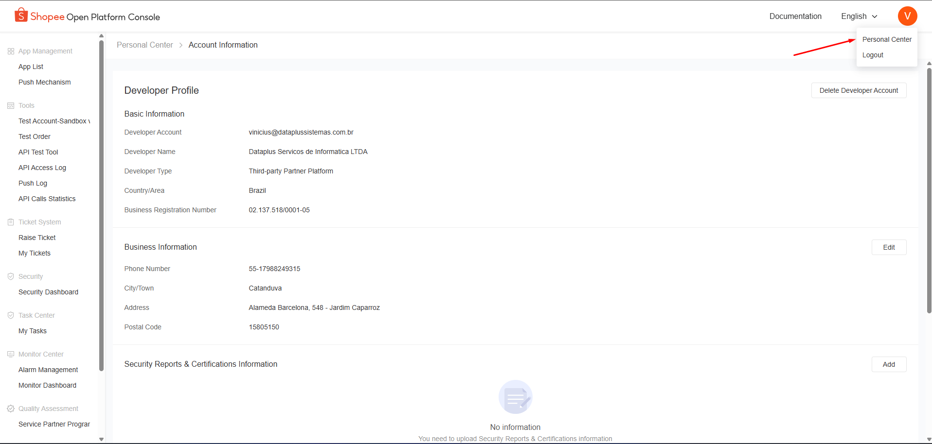 Personal Center - Shopee Developer